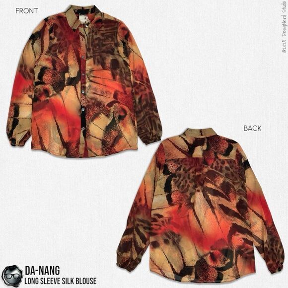 DA-NANG BOHEME SILK BUTTON DOWN LONG SLEEVE BLOUSE IN VINTAGE SUNSET ABSTRACT - Picture 11 of 12